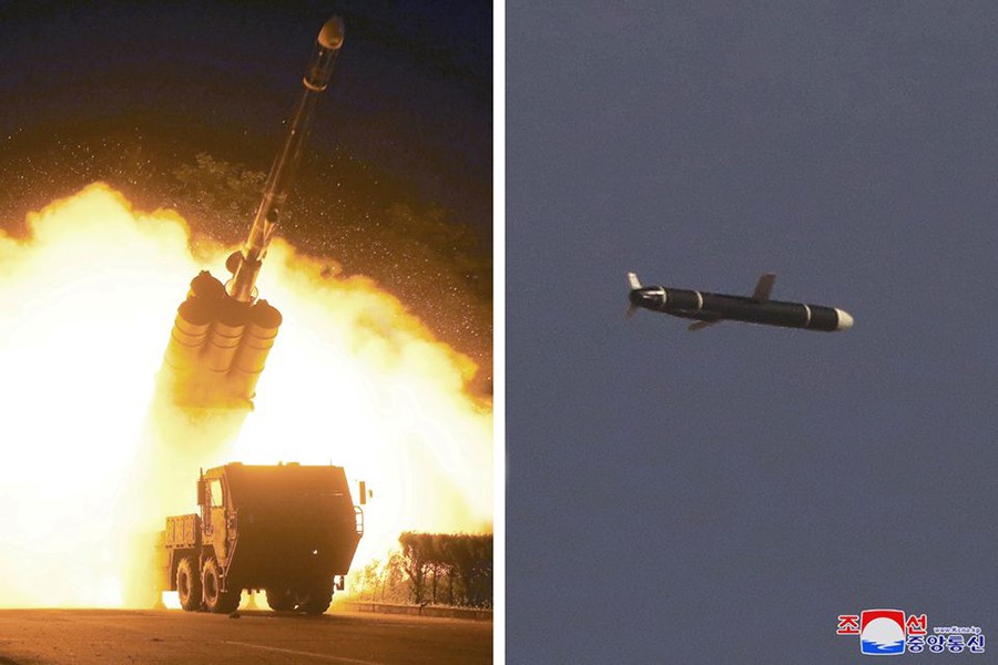 The Academy of National Defense Science conducts long-range cruise missile tests in North Korea, as pictured in this combination of undated photos supplied by North Korea's Korean Central News Agency (KCNA) on September 13, 2021 — KCNA via REUTERS