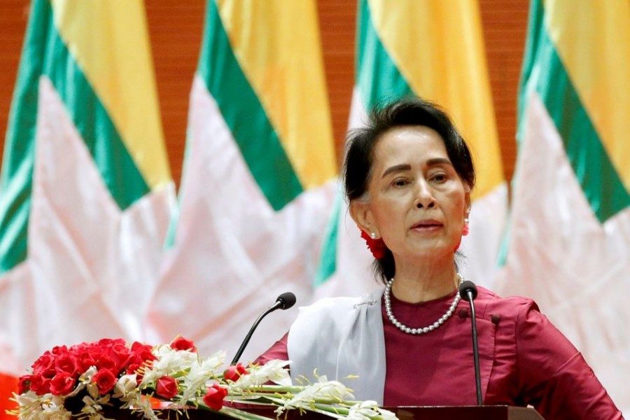 Myanmar State Counselor Aung San Suu Kyi delivers a speech to the nation over Rakhine and Rohingya situation, in Naypyitaw, Myanmar on September 19, 2017 — Reuters/Files