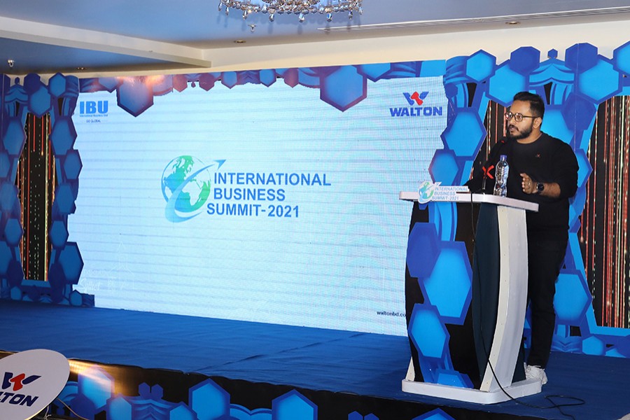 Managing Director and CEO of Walton Hi-Tech Industries Limited Golam Murshed addresses the 'International Business Summit-2021' held at Sreemangal on Monday