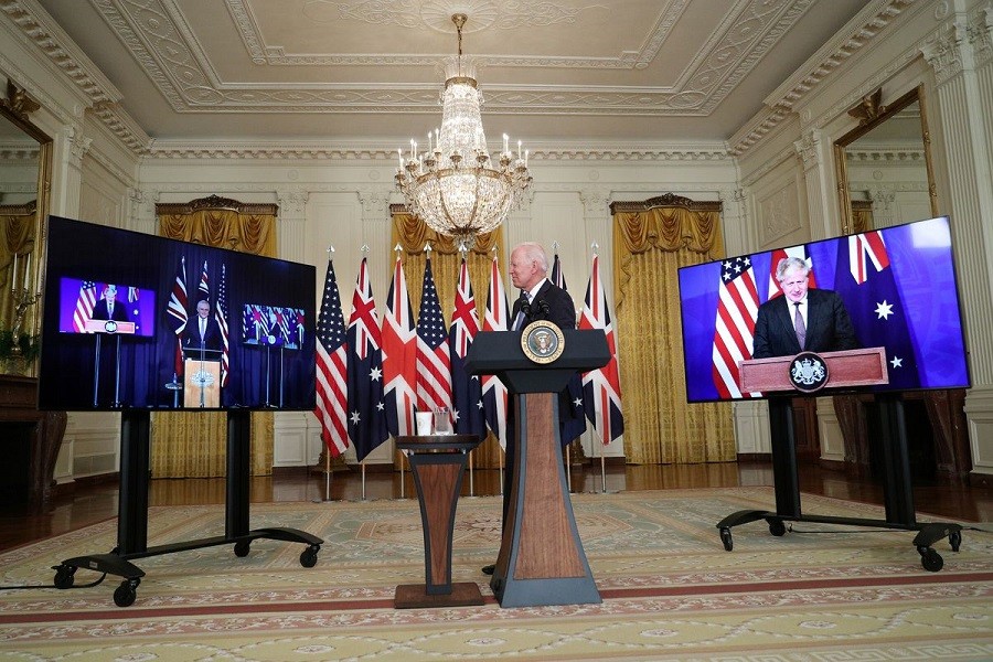 US President Joe Biden delivers remarks on a National Security Initiative virtually with Australian Prime Minister Scott Morrison and British Prime Minister Boris Johnson, inside the East Room at the White House in Washington, US, September 15, 2021 — Reuters/Tom Brenner