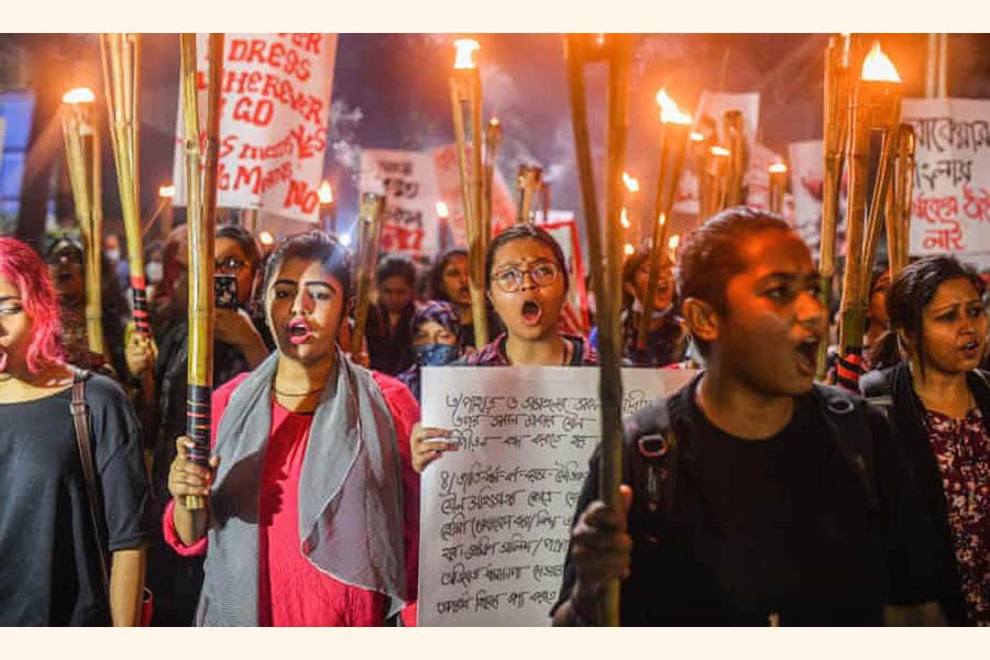 Women in Dhaka at a rally protesting violence against women