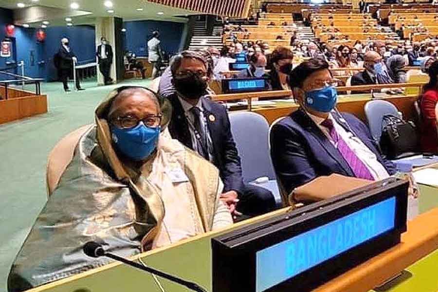 Prime Minister Sheikh Hasina taking part in the opening session of the high-level general debate of the 76th United Nations General Assembly (UNGA) at UN headquarters in New York on Tuesday –PID Photo