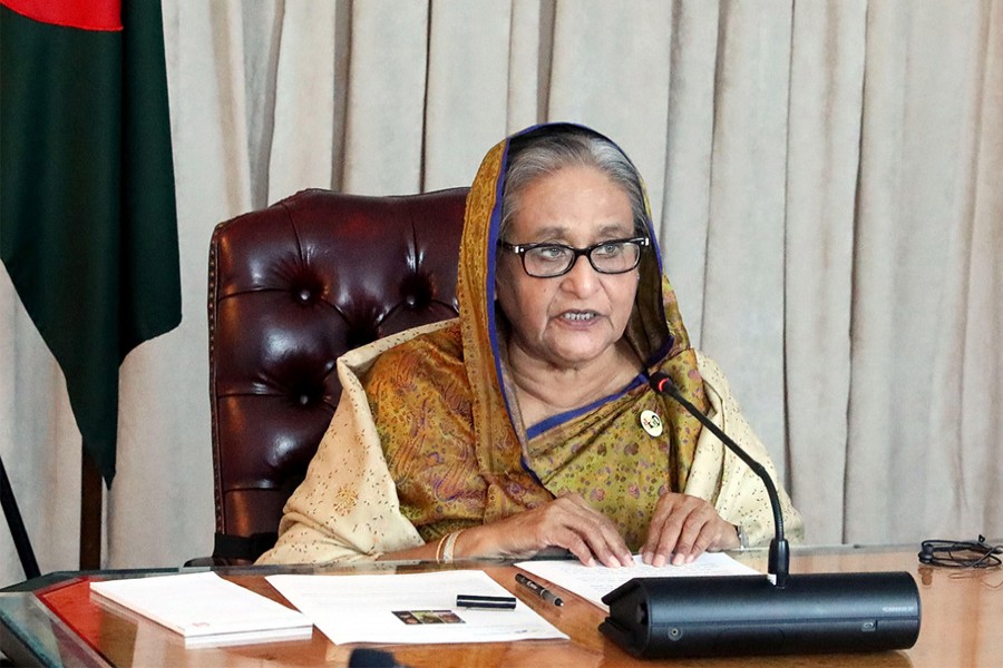 Prime Minister Sheikh Hasina speaks at a high level event on "Forcibly displaced Myanmar nationals (Rohingya): Imperatives for a sustainable solution", virtually participating from Lotte New York Palace in New York on Wednesday —PID/BSS