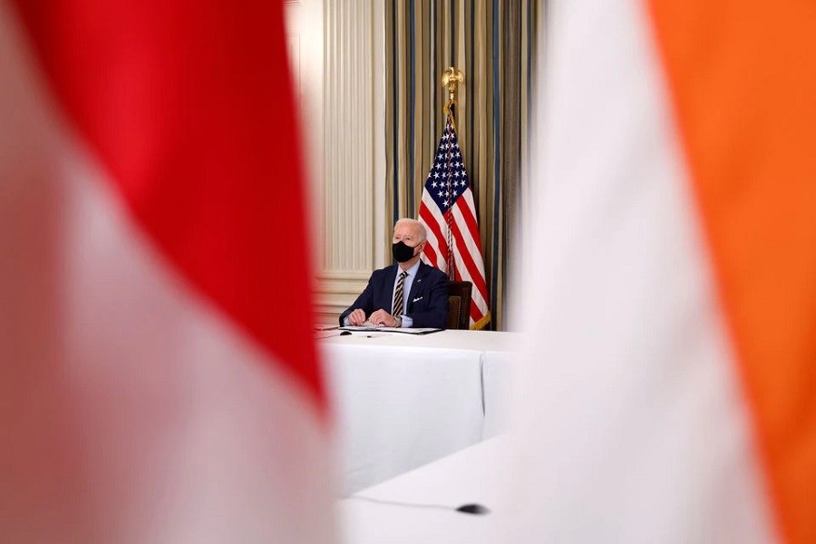 US President Joe Biden and Vice President Kamala Harris, not pictured, participate in a virtual meeting with Asia-Pacific nation leaders at the White House in Washington, US, March 12, 2021 —  Reuters/Tom Brenner