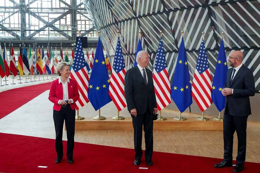 European Council President Charles Michel and European Commission President Ursula von der Leyen posing for photograph with US President Joe Biden during the EU-US summit in Brussels on June 15 this year –Reuters file photo