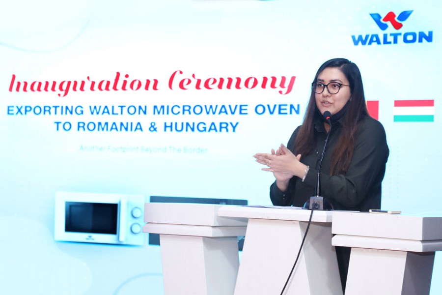 Tahmina Afrose, director of Walton Hi-Tech Industries, announces the inauguration of microwave oven export to Romania and Hungary at a programme held at Walton Corporate Office in the capital on Monday 