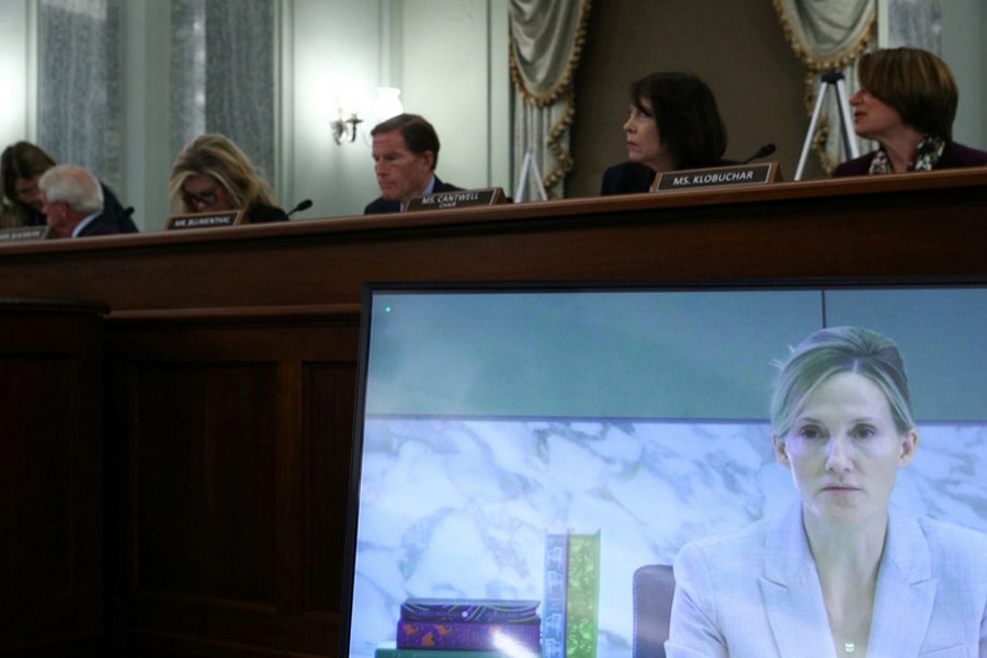 Antigone Davis, Director of the Global Head of Safety at Facebook, is seen on a screen as she testifies before the Senate Commerce, Science, and Transportation - Subcommittee on Consumer Protection, Product Safety, and Data Security, on Capitol Hill in Washington, DC, US on September 30, 2021 — Pool via REUTERS