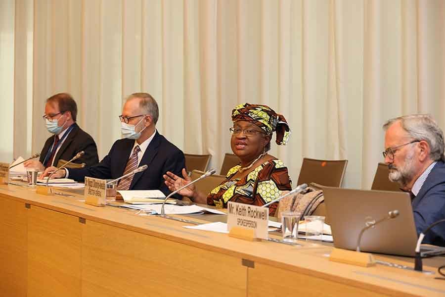 WTO DG Ngozi Okonjo-Iweala speaking at a press conference in Geneva – WTO Photo