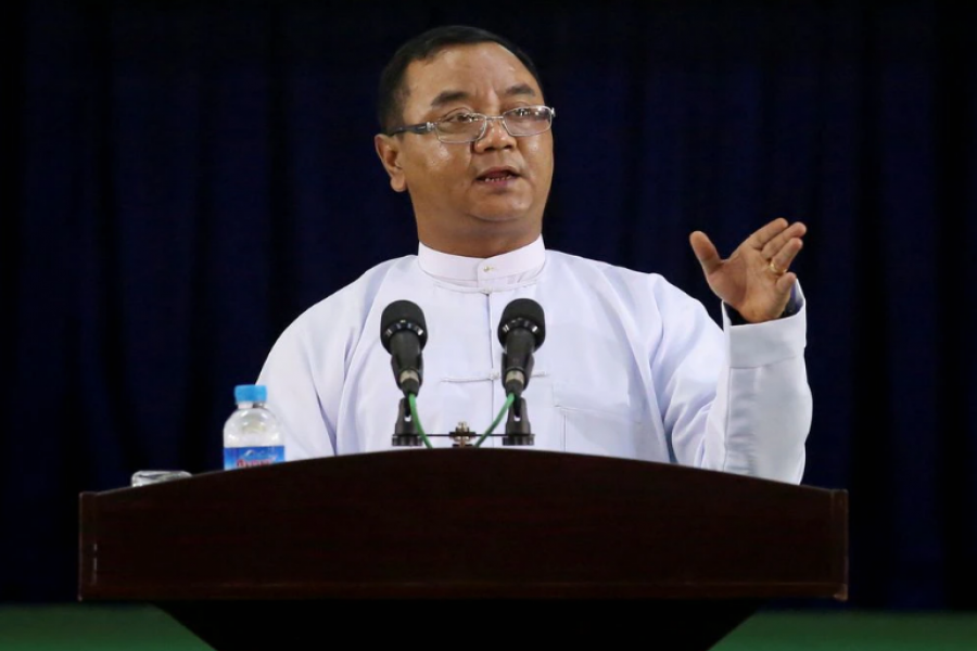 Myanmar's military junta spokesman Zaw Min Tun speaks during the information ministry's press conference in Naypyitaw, Myanmar, March 23, 2021. REUTERS/Stringer