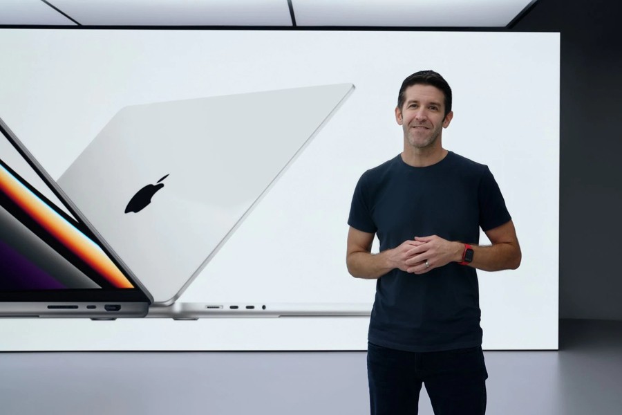 Apple's John Ternus introduces the MacBook Pro with new M1 Pro and M1 Max, available in 14- and 16-inch during a special event at Apple Park in Cupertino, California, US in a still image from video released October 18, 2021 —  Apple handout via REUTERS