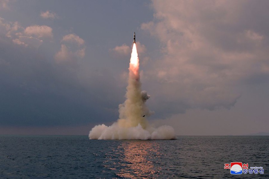 A new submarine-launched ballistic missile is seen during a test in this undated photo released on October 19, 2021 by North Korea's Korean Central News Agency (KCNA) — KCNA via REUTERS