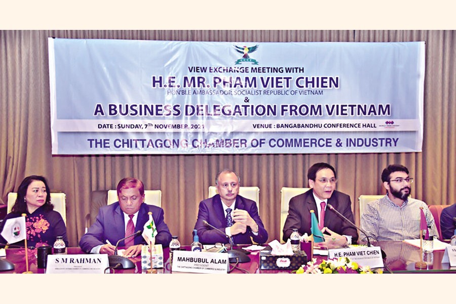 Newly appointed Ambassador of Vietnam to Bangladesh Pham Viet Chien (2nd from right) speaking at a meeting with the leaders of Chittagong Chamber of Commerce and Industry (CCCI) at its World Trade Centre (WTC) hall room on Sunday. On his right is CCCI President Mahbubul Alam