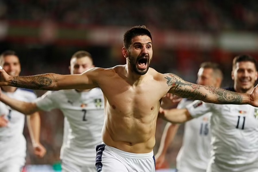 Serbia's Aleksandar Mitrovic celebrates scoring their second goal against Portugal at Estadio da Luz, Lisbon on November 14, 2021 — Reuters photo