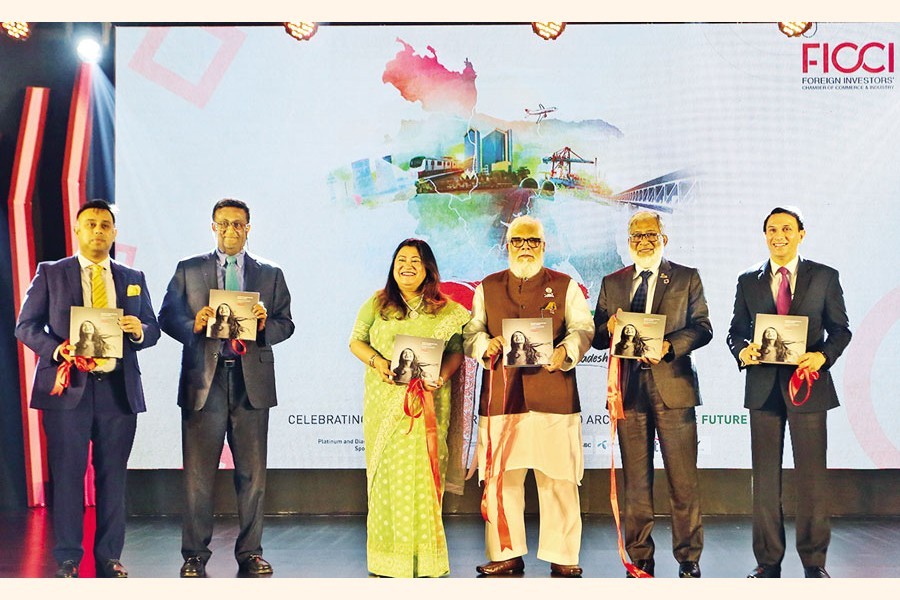 Prime Minister's private sector industry and investment affairs adviser Salman F Rahman, FICCI president Rupali Haque Chowdhury and other guests at the launching ceremony of a research report on future three growth drivers of Bangladesh at a city hotel on Sunday— FE photo