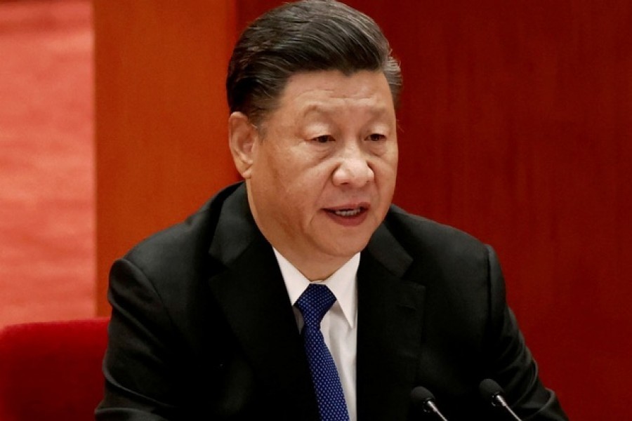 Chinese President Xi Jinping speaks at a meeting commemorating the 110th anniversary of Xinhai Revolution at the Great Hall of the People in Beijing, China October 9, 2021. REUTERS/Carlos Garcia Rawlins