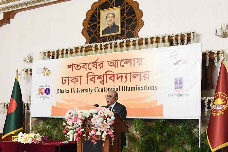 President Md Abdul Hamid addressing the inaugural function of the centenary celebrations of Dhaka University (DU) through a videoconference on Wednesday –PID Photo