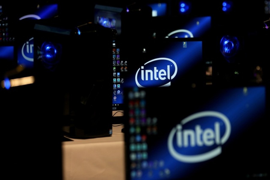 The Intel logo is displayed on computer screens at SIGGRAPH 2017 in Los Angeles, California, US July 31, 2017. REUTERS/Mike Blake/File Photo