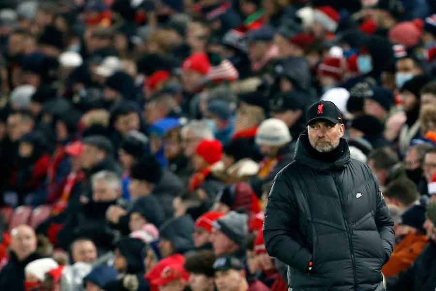 Liverpool manager Juergen Klopp looking dejected during the Quarter Final match in Carabao Cup against Leicester City at Anfield of Liverpool in Britain on December 22 in 2021 -Reuters file photo