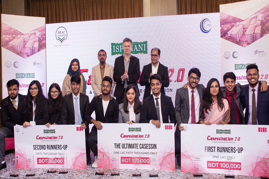 Casessination 2.0 finalists (from left to right) Team Threat Level Midnight, Team Digital, and Team Azor Ahai pose with the judges.