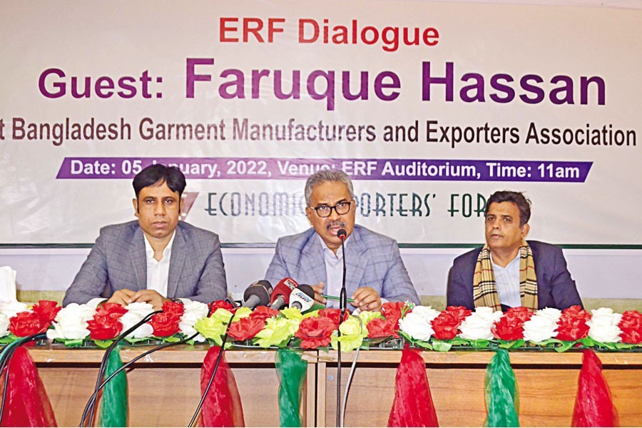 Bangladesh Garment Manufacturers and Exporters Association (BGMEA) president Faruque Hassan speaking at a dialogue organised by the Economic Reporters' Forum (ERF) at its office in the city on Wednesday