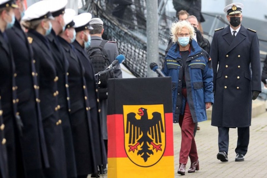 Defence Minister Christine Lambrecht visits the navy base in Warnemuende, Germany, Dec 17, 2021. Bernd Wuestneck/Pool via Reuters