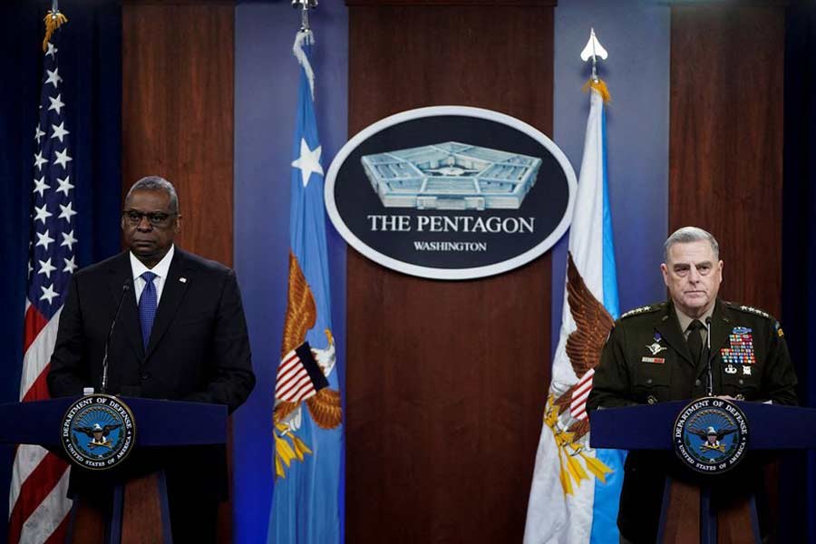 US Defence Secretary Lloyd Austin and Chairman of the US Joint Chiefs of Staff General Mark Milley facing reporters asking questions about Russia and the crisis in the Ukraine during a news conference at the Pentagon in Washington on Friday –Reuters Photo