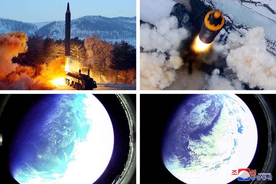 A combination image shows what appears to be a Hwasong-12 "intermediate and long-range ballistic missile" test, that state media KCNA says was carried out on Sunday, along with pictures reportedly taken from outer space with a camera at the warhead of the missle, in this image released on January 31, 2022 – KCNA via Reuters