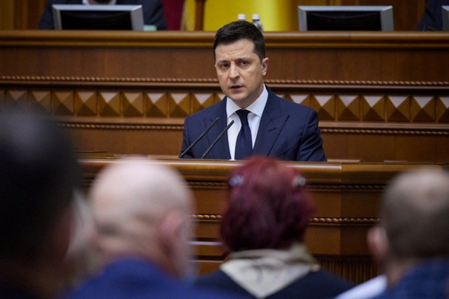 Ukrainian President Volodymyr Zelenskiy delivers a speech during a session of parliament in Kyiv, Ukraine Feb 1, 2022. REUTERS