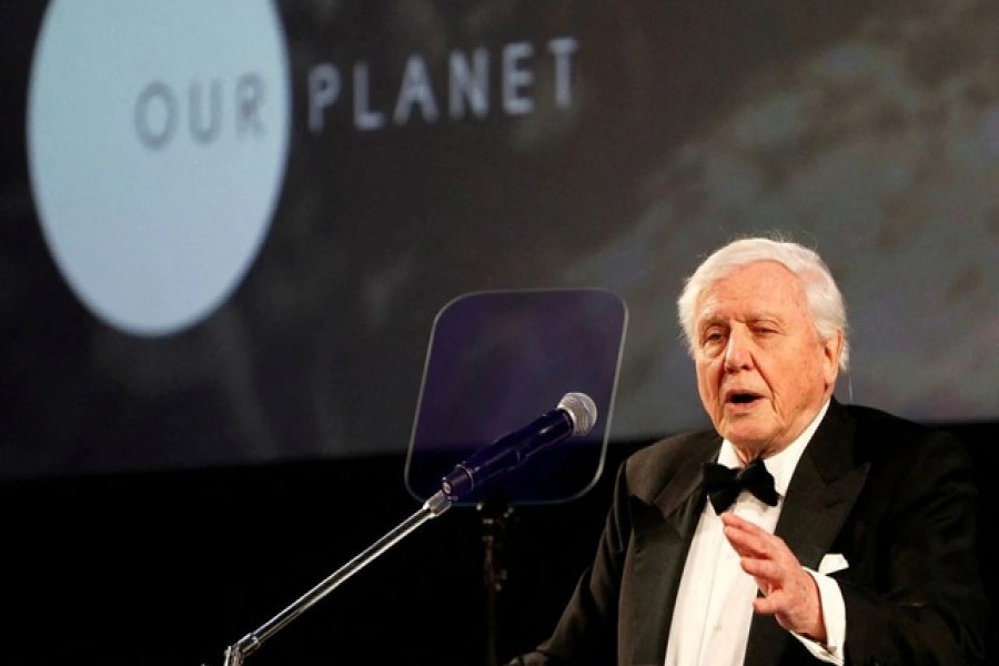 British naturalist David Attenborough gives a speech during the global premiere of Netflix's "Our Planet" at the Natural History Museum in London, Britain April 4, 2019. REUTERS/John Sibley/Pool/File Photo