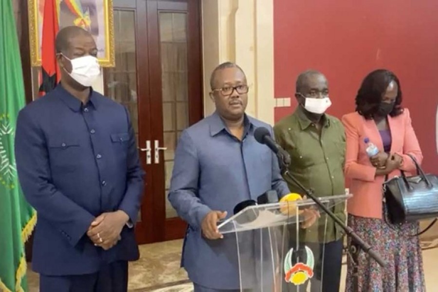 Guinea-Bissau's President Umaro Sissoco Embalo speaks to the media in Bissau, Guinea-Bissau, February 1, 2022, in this still image obtained from social media – Radio Bantaba/via Reuters