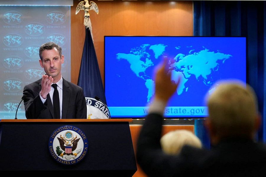 US State Department spokesperson Ned Price gestures during a briefing at the State Department in Washington, on Feb 1, 2022 – Susan Walsh/Pool via Reuters