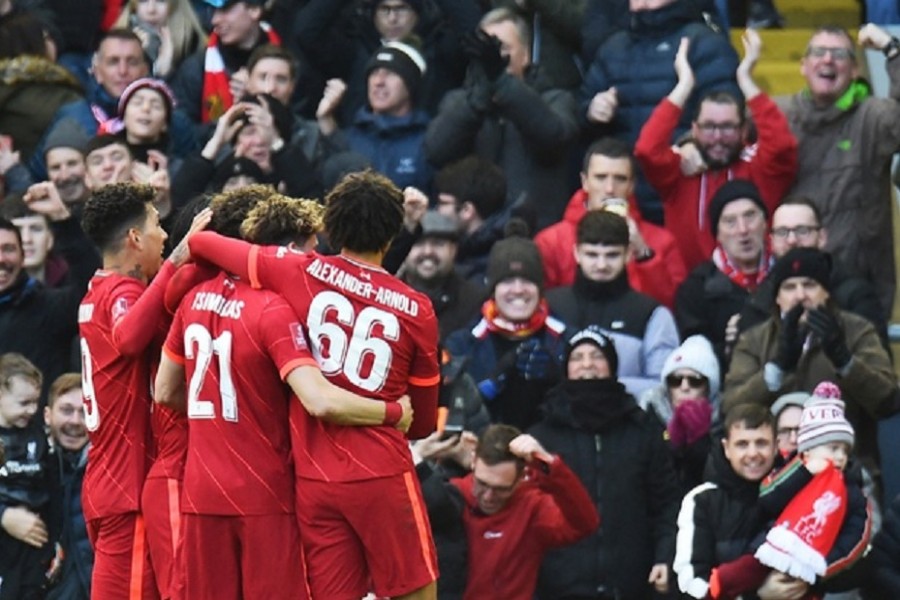 FA Cup - Fourth Round - Liverpool v Cardiff City - Anfield, Liverpool, Britain - February 6, 2022 Liverpool's Diogo Jota celebrates scoring their first goal with Roberto Firmino, Takumi Minamino, Kostas Tsimikas and Trent Alexander-Arnold REUTERS