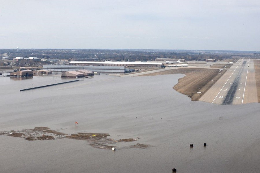 Offutt Air Force Base and the surrounding areas affected by flood waters are seen in this aerial photo taken in Nebraska, US, on March 16, 2019 – Courtesy Rachelle Blake/US Air Force/Handout via Reuters