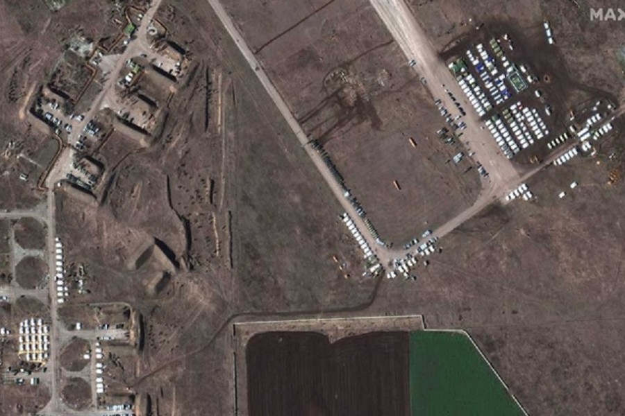 A satellite image shows a tent camp and equipment at the northern end of Oktyabrskoye air base, Crimea February 10, 2022. 2022 Maxar Technologies/Handout via REUTERS