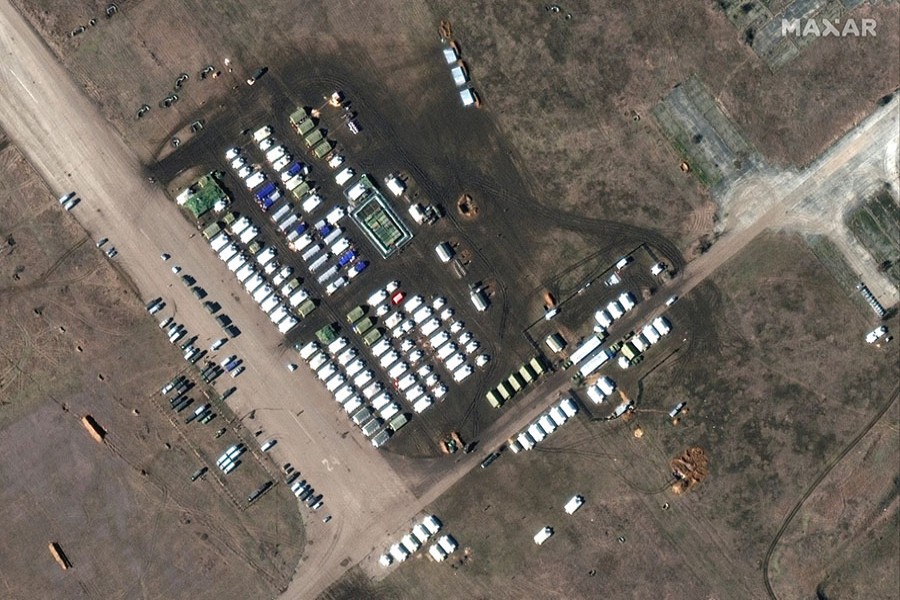 A satellite image shows a close-up of troops and equipment at Oktyabrskoye air base, Crimea on February 10, 2022 — Maxar Technologies/Handout via REUTERS