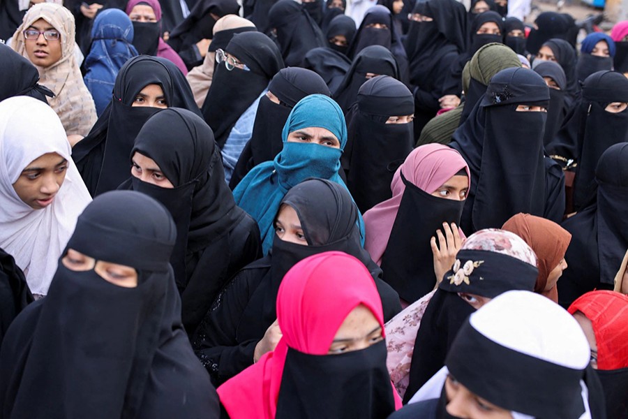 Women wearing hijabs attend a protest against the recent hijab ban in few colleges of Karnataka state, on the outskirts of Mumbai, India on February 13, 2022 — Reuters photo