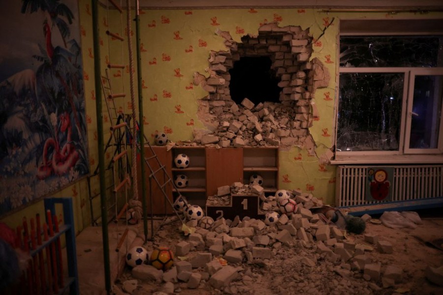 An interior view shows a kindergarten, which according to Ukraine's military officials was damaged by shelling, in Stanytsia Luhanska, in the Luhansk region, Ukraine, February 17, 2022. REUTERS/Carlos Barria