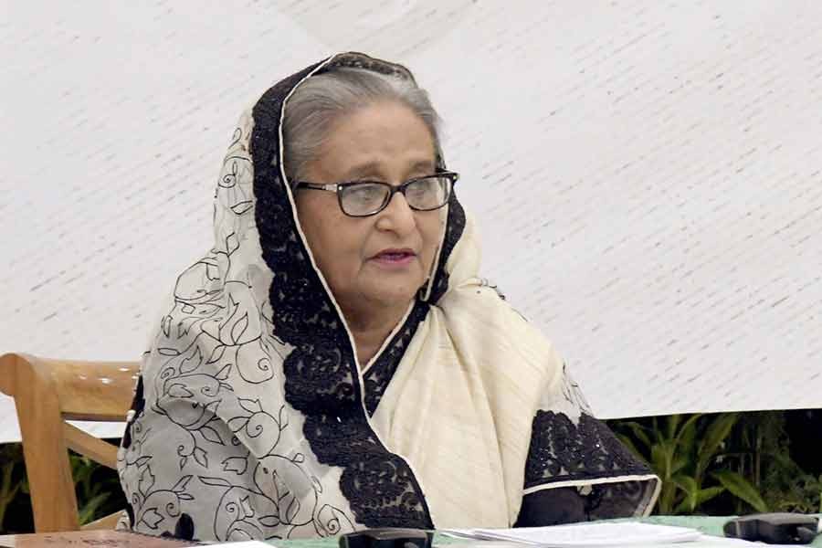 Prime Minister Sheikh Hasina addressing the presentation ceremony of Ekushey Padak, the second-highest civilian award in Bangladesh, virtually from Ganabhaban on Sunday –PID Photo