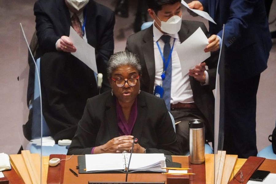 US Ambassador to the UN Linda Thomas-Greenfield speaks as United Nations Security Council meets after Russia recognized two breakaway regions in eastern Ukraine as independent entities, in New York City, US Feb 21, 2022 -- Reuters