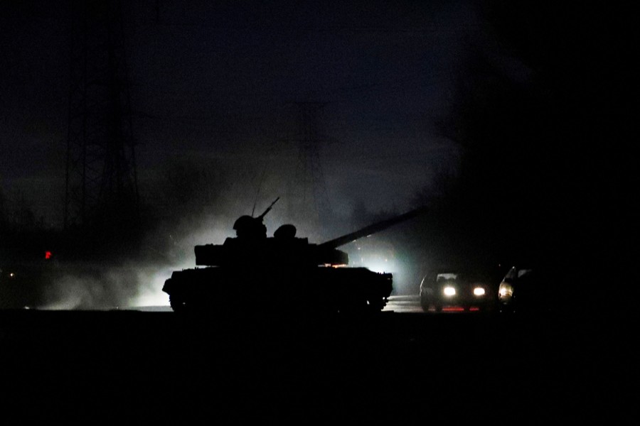 A tank drives along a street after Russian President Vladimir Putin ordered the deployment of Russian troops to two breakaway regions in eastern Ukraine following the recognition of their independence, in the separatist-controlled city of Donetsk, Ukraine on February 22, 2022 — Reuters photo