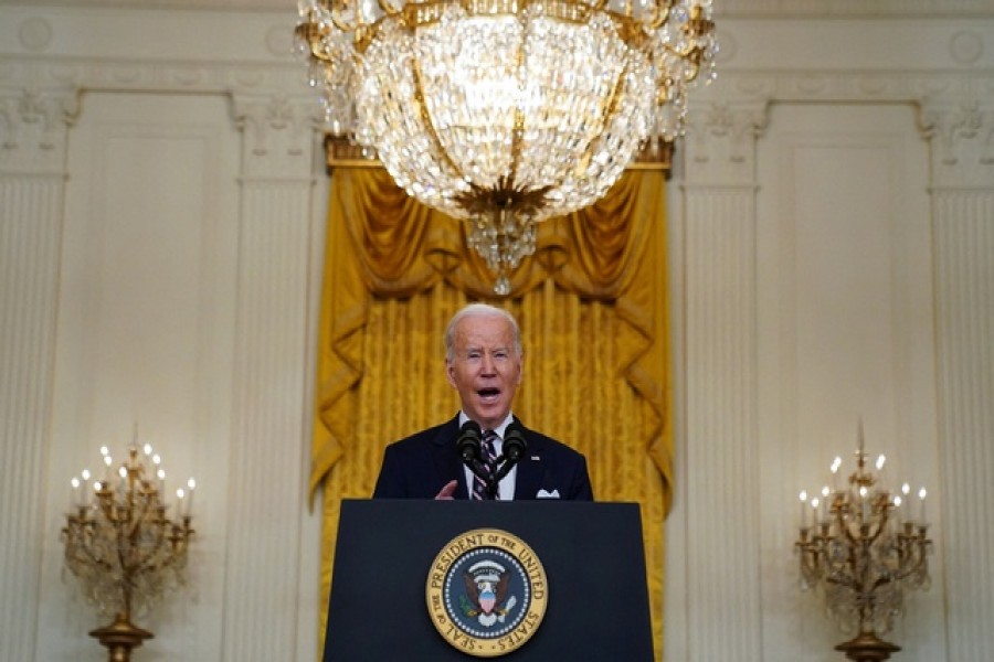 US President Joe Biden provides an update on Russia and Ukraine during remarks in the East Room of the White House in Washington, US, February 22, 2022 — Reuters