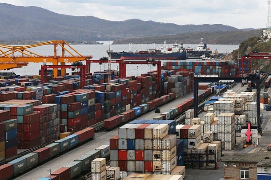 Stacked shipping containers are pictured at a commercial port in Vladivostok, Russia October 18, 2021 — Reuters/Files