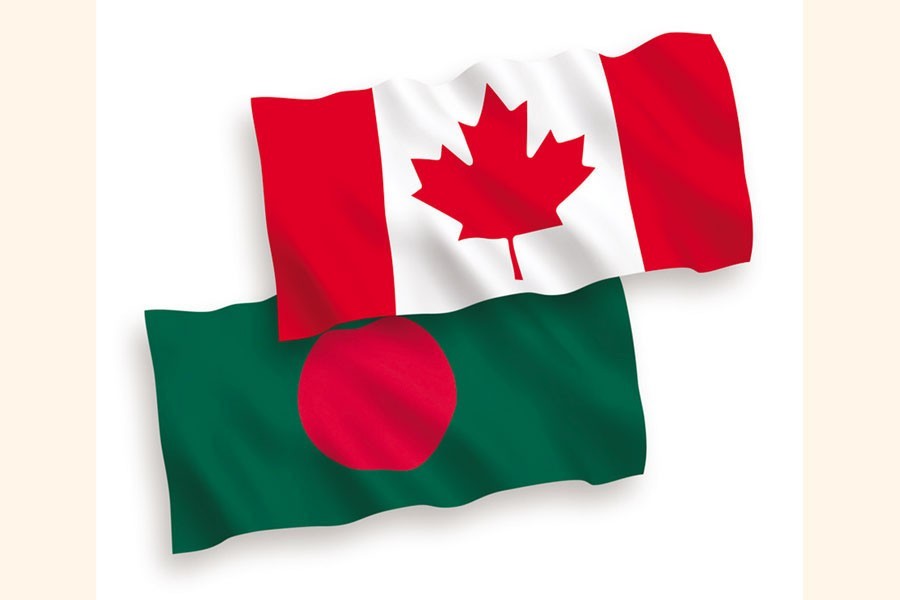 Flags of Bangladesh and Canada are seen cross-pinned in this photo symbolising friendship between the two nations