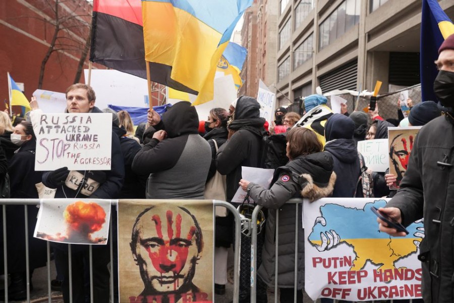 People take part in a protest against Russia's military operation in Ukraine, outside the Russian Mission to the United Nations in New York City, US on February 24, 2022 — Reuters photo