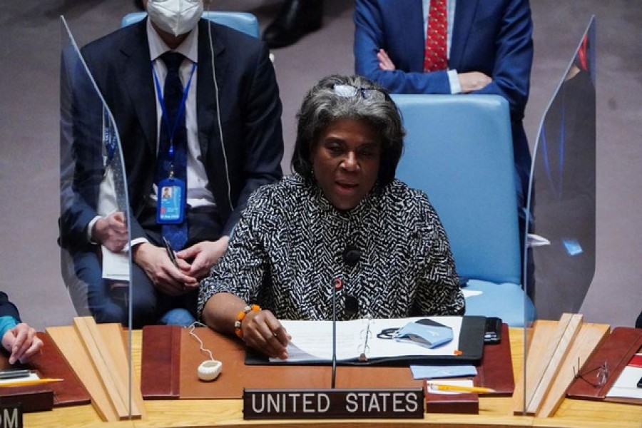 US Ambassador to the UN Linda Thomas-Greenfield talks during a United Nations Security Council meeting, on a resolution regarding Russia's actions toward Ukraine, at the United Nations Headquarters in New York City, US, Feb 25, 2022 — Reuters