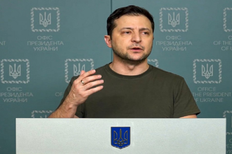 In this photo taken from video provided by the Ukrainian Presidential Press Office, Ukrainian President Volodymyr Zelenskyy speaks to the nation in Kyiv, Ukraine, Sunday, Feb. 27, 2022. Street fighting broke out in Ukraine's second-largest city Sunday and Russian troops put increasing pressure on strategic ports in the country's south following a wave of attacks on airfields and fuel facilities elsewhere that appeared to mark a new phase of Russia's invasion. (Ukrainian Presidential Press Office via AP)