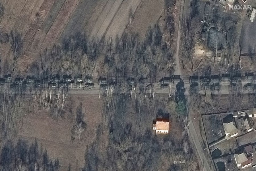 A satellite image shows Russian ground forces northeast of Ivankiv heading in the direction of Kyiv, Ukraine, February 27, 2022. Satellite image ©2022 Maxar Technologies/Handout via REUTERS