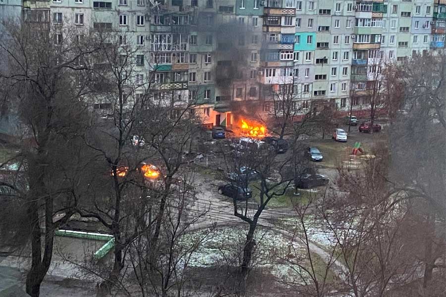 Fire is seen in Mariupol at a residential area after shelling amid Russia's invasion of Ukraine March 3, 2022, in this image obtained from social media. Twitter @AyBurlachenko via REUTERS