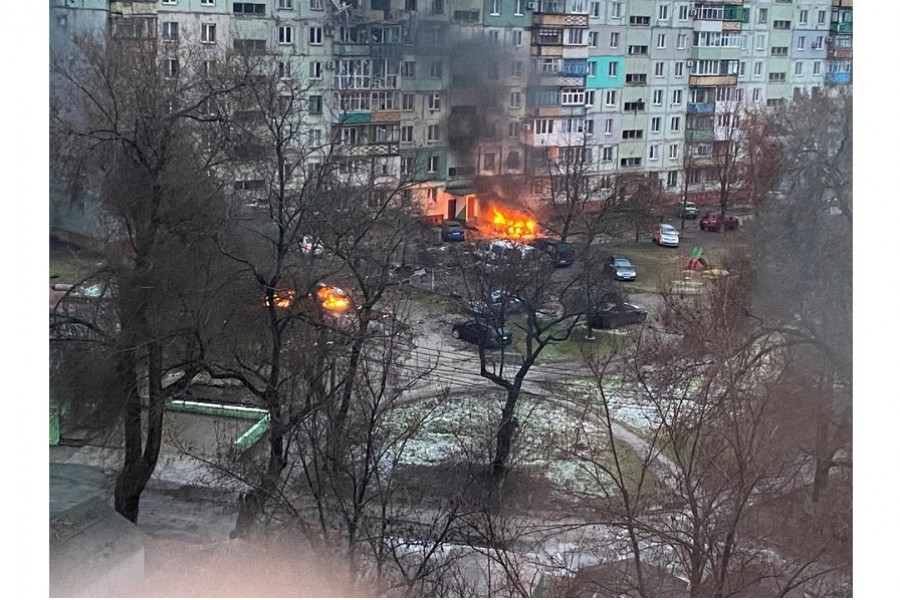 Fire is seen in Mariupol at a residential area after shelling amid Russia's invasion of Ukraine March 3, 2022, in this image obtained from social media. Twitter @AyBurlachenko via REUTERS