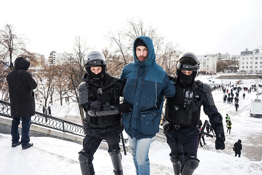 A person is detained during an anti-war protest, following Russia's invasion of Ukraine, in Yekaterinburg, Russia on March 6, 2022 — Handout via REUTERS